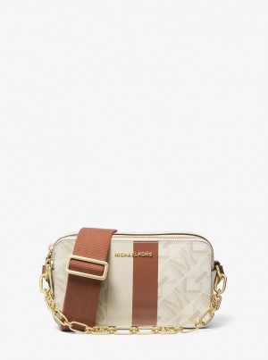Geanta Crossbody Dama Michael Kors Jet Set Small Empire Signature Logo Stripe Double-Zip Camera Bag Galbeni Deschis | 97BZNOITS