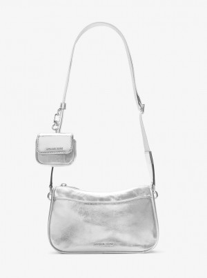 Geanta Crossbody Dama Michael Kors Jet Set Medium Metallic Leather Crossbody Bag with Case for Apple AirPods Pro Argintii | 10SWZDGEY