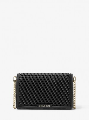Geanta Crossbody Dama Michael Kors Jet Set Medium Woven Leather Crossbody Bag Negrii | 23VSITKGX