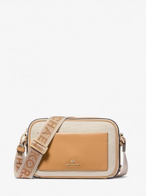Geanta Crossbody Dama Michael Kors Maeve Large Canvas and Smooth Crossbody Bag Pale Peanut | 40FORCZQA