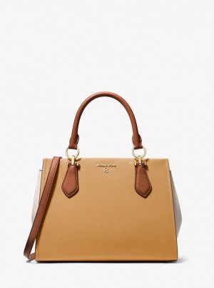 Geanta Crossbody Dama Michael Kors Marilyn Medium Color-Block Saffiano Leather Satchel Pale Peanut/Luggage | 70YPVNZDJ