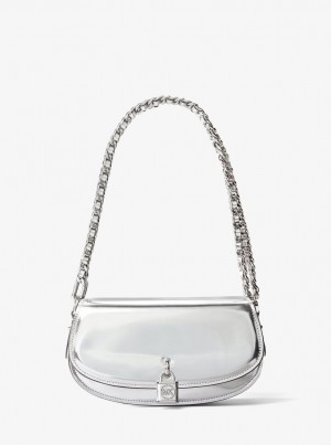 Geanta Crossbody Dama Michael Kors Mila Small Metallic Leather Shoulder Bag Argintii | 64IGJXPRV