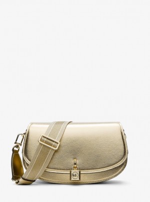 Geanta Crossbody Dama Michael Kors Mila Medium Metallic Leather Messenger Bag Aurii | 38QTZMFHO
