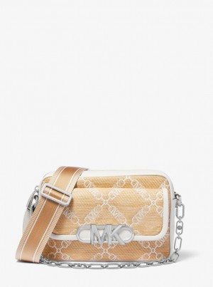 Geanta Crossbody Dama Michael Kors Parker Medium Empire Logo Jacquard Straw Crossbody Bag Nat/Opticwht | 75RGEYHAC