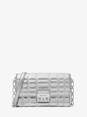 Geanta Crossbody Dama Michael Kors Tribeca Large Metallic Leather Convertible Crossbody Bag Argintii | 21EUITJCF