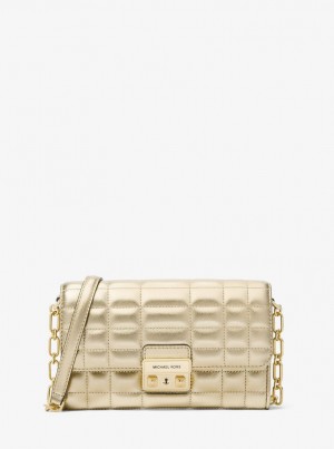 Geanta Crossbody Dama Michael Kors Tribeca Large Metallic Leather Convertible Crossbody Bag Aurii | 38ZYEWPOI