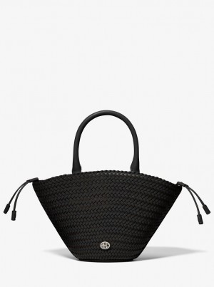 Geanta De Umar Dama Michael Kors Audrey Woven Leather Market Bag Negrii | 73RULQBXH