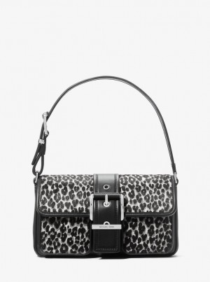 Geanta De Umar Dama Michael Kors Colby Medium Leopard Print Calf Hair Shoulder Bag Negrii | 90EAHNZPG