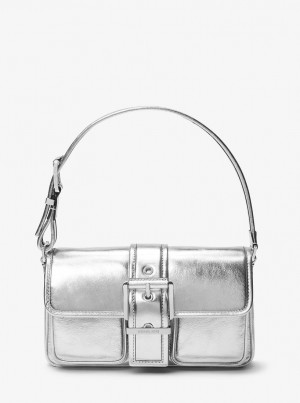 Geanta De Umar Dama Michael Kors Colby Medium Metallic Leather Shoulder Bag Argintii | 20CUWSYBL