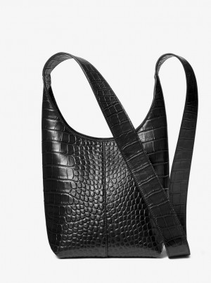 Geanta De Umar Dama Michael Kors Dede Mini Crocodile Embossed Leather Hobo Bag Negrii | 67NELDOFJ