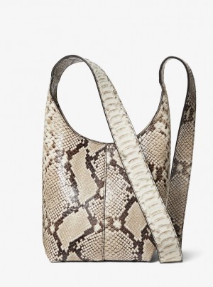 Geanta De Umar Dama Michael Kors Dede Mini Python Embossed Leather Hobo Bag Bej | 73ZDNHYJT