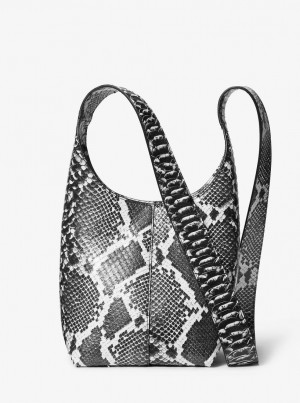Geanta De Umar Dama Michael Kors Dede Mini Python Embossed Leather Hobo Bag Negrii Albi | 54DQUMTWO