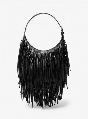 Geanta De Umar Dama Michael Kors Dyan Small Fringed Leather Shoulder Bag Negrii | 70DTVMBEN