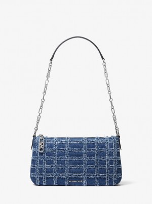 Geanta De Umar Dama Michael Kors Empire Medium Frayed Denim Chain-Link Pochette Albastri | 63SHMPBYU