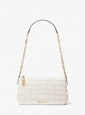 Geanta De Umar Dama Michael Kors Empire Medium Frayed Denim Chain-Link Pochette Albi | 90KMGQCJR
