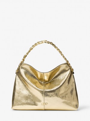 Geanta De Umar Dama Michael Kors Jordyn Large Metallic Snake Embossed Leather Hobo Shoulder Bag Aurii | 49ATBWEPO