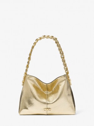 Geanta De Umar Dama Michael Kors Jordyn Small Metallic Snake Embossed Leather Shoulder Bag Aurii | 50OCLUDSJ