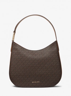 Geanta De Umar Dama Michael Kors Kensington Large Signature Logo Hobo Shoulder Bag Brn/Acorn | 76ILSKHTR