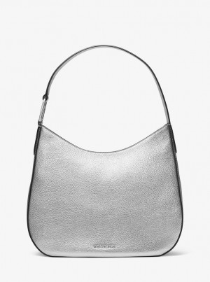 Geanta De Umar Dama Michael Kors Kensington Large Metallic Leather Hobo Shoulder Bag Argintii | 42EGTWDRI