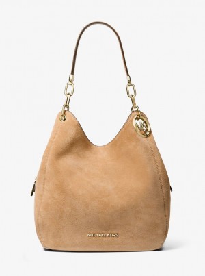 Geanta De Umar Dama Michael Kors Lillie Large Suede Shoulder Bag Pale Peanut | 18VDAOZTS