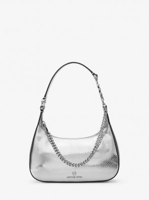 Geanta De Umar Dama Michael Kors Piper Small Metallic Snake Embossed Leather Shoulder Bag Argintii | 03NCFSGPJ