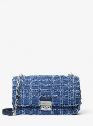 Geanta De Umar Dama Michael Kors Tribeca Large Frayed Denim Shoulder Bag Albastri | 95YCXHWPO