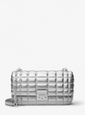 Geanta De Umar Dama Michael Kors Tribeca Large Metallic Quilted Leather Shoulder Bag Argintii | 34DRMWLAT
