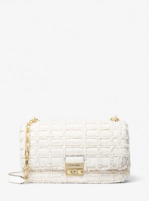 Geanta De Umar Dama Michael Kors Tribeca Large Frayed Denim Shoulder Bag Albi | 60MEDCUZR