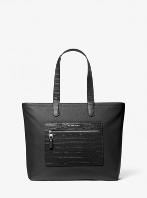 Geanta Duffle Barbati Michael Kors Hudson Crocodile Embossed Leather Top-Zip Tote Bag Negrii | 37TKLJZAV