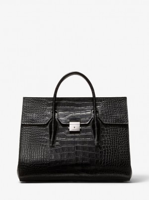 Geanta Satchel Dama Michael Kors Campbell Crocodile Embossed Leather Weekender Bag Negrii | 15EHGRMJD
