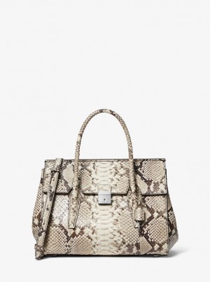 Geanta Satchel Dama Michael Kors Campbell Medium Python Embossed Leather Satchel Bej | 18JMLYXRA