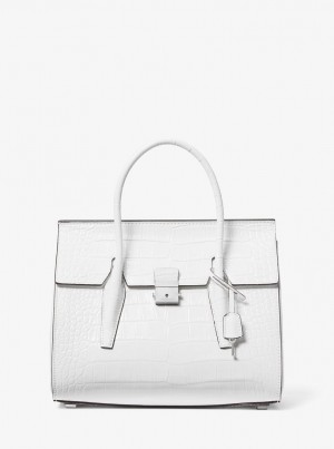 Geanta Satchel Dama Michael Kors Campbell Medium Crocodile Embossed Leather Satchel Albi | 52YJRVNQB