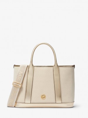 Geanta Satchel Dama Michael Kors Luisa Medium Cotton Canvas and Metallic Satchel Aurii Bej | 17XQDKEFN