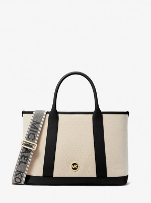 Geanta Satchel Dama Michael Kors Luisa Medium Cotton Canvas Satchel Bej Negrii | 51ULKAWHR