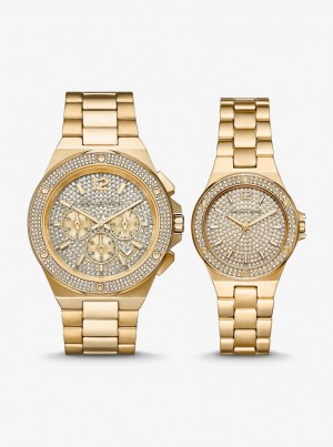 Gold-tone Dama Michael Kors Lennox His and Hers Pave Gold-Tone Watch Set Aurii | 40WSZFLIP