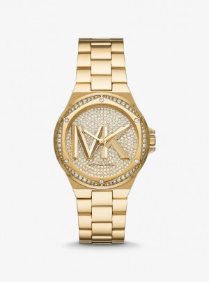 Gold-tone Dama Michael Kors Lennox Pave Logo Gold-Tone Logo Watch Aurii | 40KWNXMLD