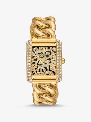 Gold-tone Dama Michael Kors Mini Emery Animal Pave Gold-Tone Curb Link Watch Aurii | 46JOTIMRB