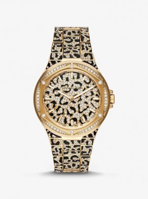 Gold-tone Dama Michael Kors Oversized Lennox Animal Pave Gold-Tone Watch Aurii | 49WLCTRGM