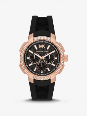 Gold-tone Dama Michael Kors Oversized Sydney Pave Rose Gold-Tone and Silicone Watch Negrii | 56BKLXCGR