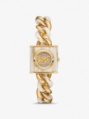 Gold-tone Dama Michael Kors Petite Lock Pave Gold-Tone and Acetate Chain Watch Horn | 85WUTNGJS