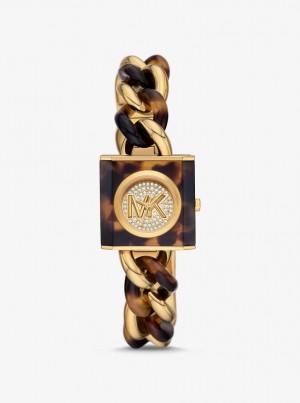 Gold-tone Dama Michael Kors Petite Lock Pave Gold-Tone and Tortoiseshell Acetate Chain Watch Tortoise | 13RMWVYBT