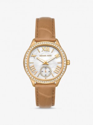 Gold-tone Dama Michael Kors Sage Pave Gold-Tone and Crocodile Embossed Leather Watch Peanut | 28LQCFWGD