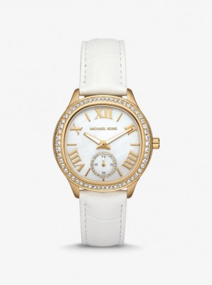 Gold-tone Dama Michael Kors Sage Pave Gold-Tone and Crocodile Embossed Leather Watch Albi | 61LXIDQTG