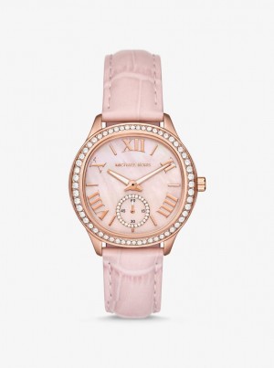 Gold-tone Dama Michael Kors Sage Pave Rose Gold-Tone and Crocodile Embossed Leather Watch Roz | 24CTMJIZL