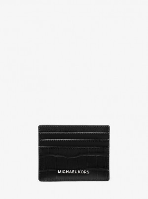 Husa Pentru Carduri Barbati Michael Kors Hudson Crocodile Embossed Leather Tall Card Case Negrii | 19UKGNBTY
