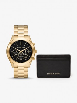 Husa Pentru Carduri Barbati Michael Kors Oversized Slim Runway Watch and Card Case Gift Set Negrii Aurii | 21DVMHSRU