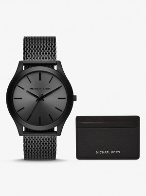 Husa Pentru Carduri Barbati Michael Kors Oversized Slim Runway Black-Tone Watch and Card Case Gift Set Negrii | 43VMGEQIO