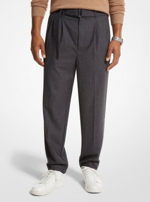 Pantaloni Barbati Michael Kors Stretch Wool Flannel Belted Trousers Gri | 86VFQPGTO