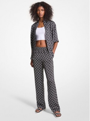 Pantaloni Dama Michael Kors Empire Logo Satin Pajama Pants Negrii Albi | 37SOYDNRJ