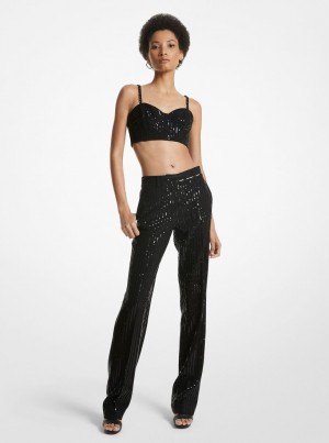 Pantaloni Dama Michael Kors Pinstripe Sequined Crepe Straight-Leg Pants Negrii | 73ZHIYBST